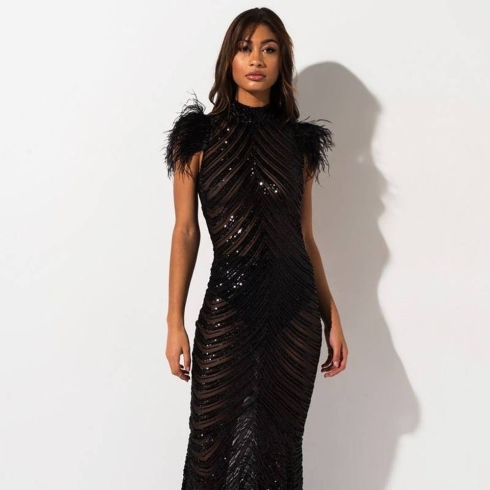 Black Sequin Feather Maxi Gown